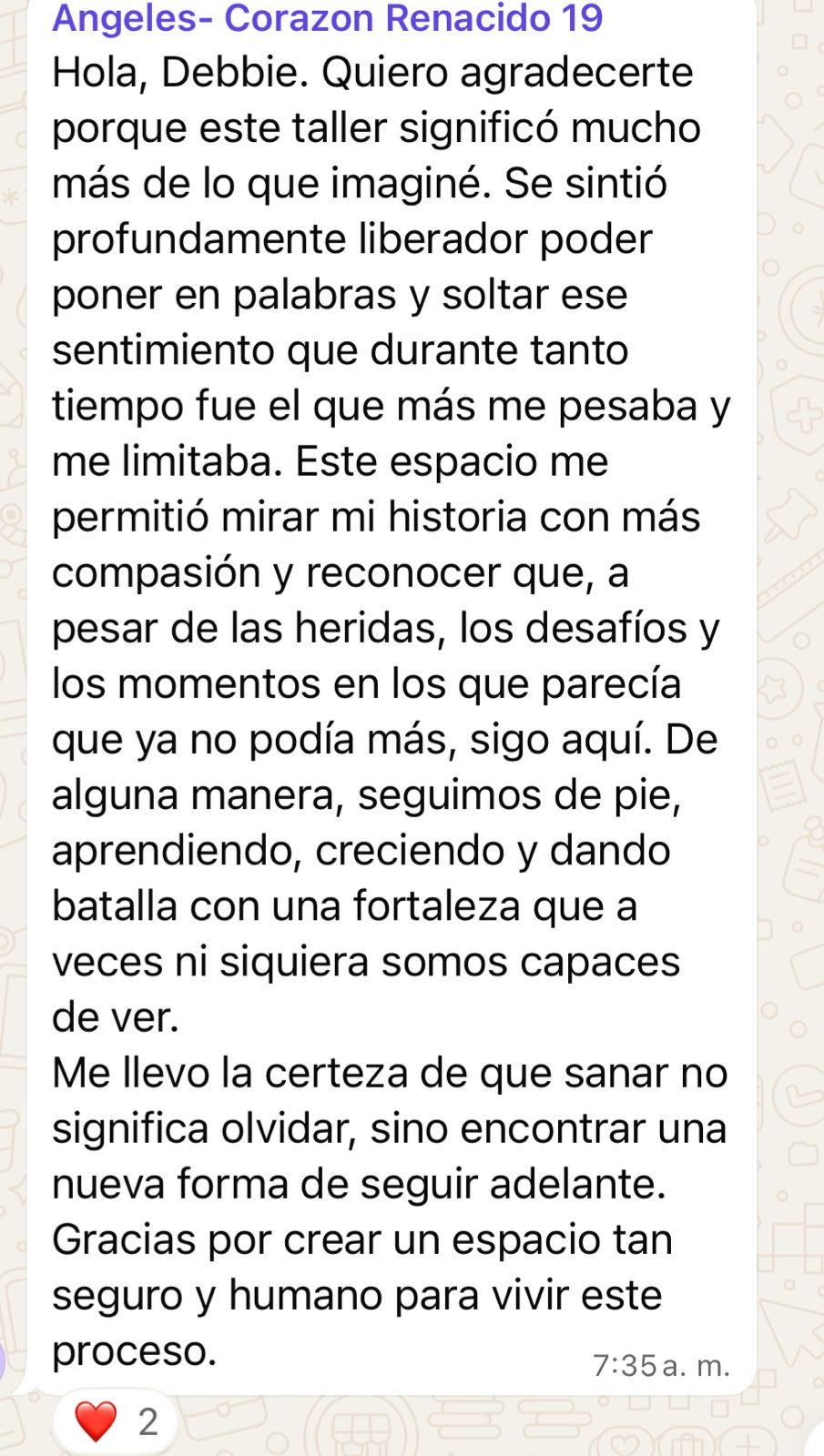 Testimonio de Angeles vía WhatsApp